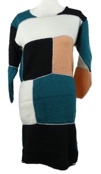 Dámské bílo-zeleno-růžovo-černé kostkované svetrové vlněné šaty 