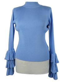 Dámský světlemodrý žebrovaný crop svetr s volánky na rukávech By Clara