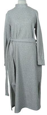 Dámske sivé pletené rebrované midi šaty s opaskom Pep&Co