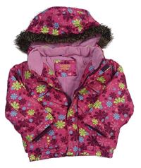 Ružová kvetovaná zimná bunda s kapucňou s chlupem