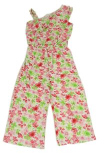 Bílo-růžovo-zelený květinový kalhotový overal Primark