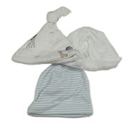 2x bavlněná čepice bílá s hvězdičkami+ bílá se zvířátky+ pruhovaná