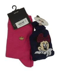 Nové - 2x - Tmavomodré ponožky s Minnie + tmavorůžové ponožky vel. 36
