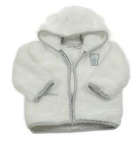 Biela chlpatá prepínaci mikina s nášivkou a kapucňou Ergee