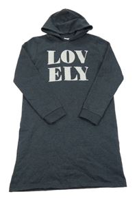 Tmavomodré teplákové šaty s nápisem a kapucí Name it