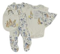 Nové - 4 set - modro bílo kvetované body s králíčkem Petrem + modrobílý overal +bryndák + čapica