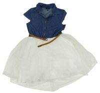 Modro-biele riflovo/tylové šaty s opaskom