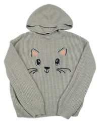 Šedý svetr s kočkou a kapucí C&A
