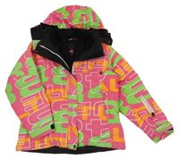 Růžovo-zelená vzorovaná lyžařská bunda s kapucí 