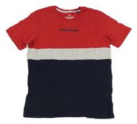 Červeno-sivo-tmavomodré tričko s logom Jack & Jones