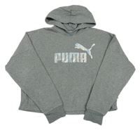 Šedá melírovaná oversize crop mikina s logem a kapucí PUMA