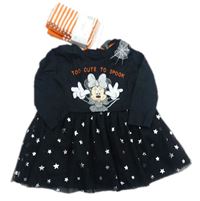 2set - Čierne bavlněno-sieťované šaty s Minnií + pruhované pančuchy Disney