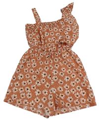 Oranžový kraťasový overal s kvietkami Primark