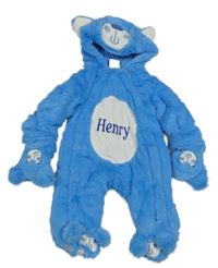 Modrá kožušinová zateplená kombinéza s kapucí - medvěď