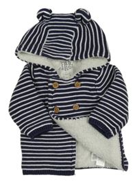 Tmavomodro-bílý pruhovaný propínací zateplený svetr s kapucí F&F