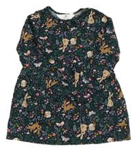 Tmavomodré kytičkované bavlněné šaty se zvířátky H&M