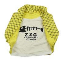 Žlutý károvaný cardigán se všitým tričkem s potiskem 