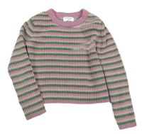 Kaki-ružovo-smotanový pruhovaný žinylkový crop sveter Primark