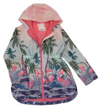 Modro-světlerůžová šusťáková jarní parka s palmami a kapucí Tu