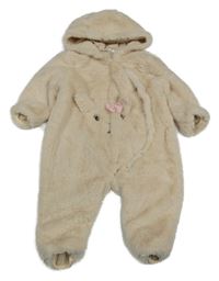Béžová kožušinová podšitá kombinéza so zajačikom a kapucňou So Cute