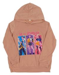 Ružová mikina s potiskem K-pop a kapucňou