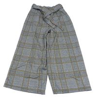 Bílo/světlešedo-čierno-okrové kockované culottes nohavice so zavazováním F&F