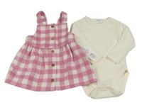 2Set - Růžovo-bílé kostkované vlněné propínací šaty + smetanové žebrované body F&F