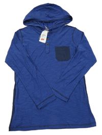 Nové - tmavomodro-safírové pruhované melírované triko s kapsou a kapucí Target