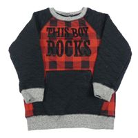 Červeno-čierna kockovaná mikina s nápismi a vreckom a prešívanymi vyteplenými rukávy George