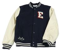 Tmavomodro-smotanová flaušovo/koženková baseballová bunda s písmenkom a míčkem a pruhmi H&M