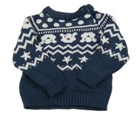 Tmavomodro-biely sveter s medvedíkmi a vzorom Ergee