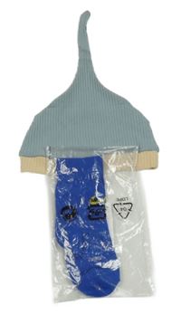 Nové - Modrošedo-svetlobéžová rebrovaná čepice + zafírové ponožky