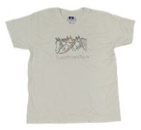 Biele tričko s koníky a nápisem z kamínků russell