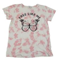 Bielo-ružové batikované tričko s motýlkom a nápisom Page one young