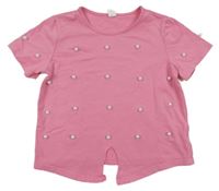 Ružové crop tričko s perlami SHEIN