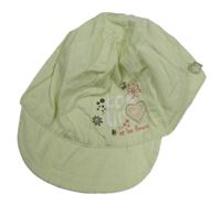 Světlezelená plátěná kšiltovka s nápisy a květy a srdíčkem a kamínky
