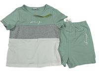 Nové - 2Set - Olivovo-šedo-bílé tričko s nápisem + kraťasy SHEIN