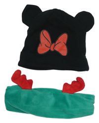 2Set - Čierna čapica s mašlou a oušky - Minnie Disney + zeleno/červená sametová čelenka
