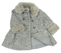 Sivý vlnený zateplený kabát s flitrami a chlupatým lemem F&F