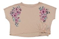 Ružové crop tričko s kvetmi H&M