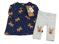 Nové - 2set - Tmavomodré bavlněné šaty se soby + světlešedé melírované legíny M&Co.