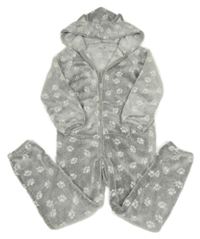 Sivá chlpatá kombinéza s tlapkami a kapucňou