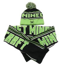 2set - Černo-zelená čepice s Minecraft a bambulí + šála