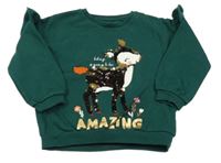 Tmavozelená mikina so srnkou s překlápěcími flitre a volánikmi F&F