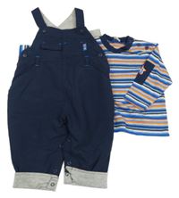 Nové - 2set - Tmavomodré šusťákové podšité laclové kalhoty + modro-šedo-oranžové pruhované triko Adams