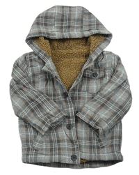 Sivá kockovaná zateplená košeľová bunda s kapucňou Nutmeg