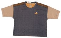 Šedo-hnědé sportovní funkční crop tričko s logem Adidas