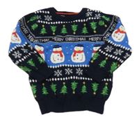Tmavomodro-modrý sveter so sněhuláky a stromky Primark