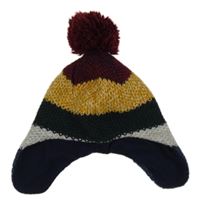 Vínovo-okrovo-zelená pruhovaná pletená podšitá čepice s bambulí 