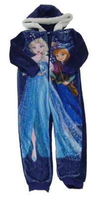 Tmavomodrá plyšová kombinéza s Annou a Elsou a kapucí - Frozen Disney